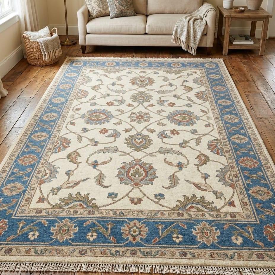 Hand Knotted Rug | Oushak Blue Border | Wool Area Rug | Living Room | 8x10 | Custom