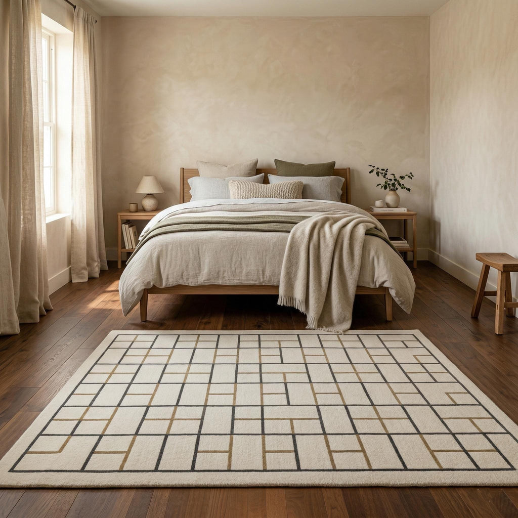 Geometric Wool Area Rug, Cream Gold Grid Tufted Carpet, Modern Living Room Designer Rug
