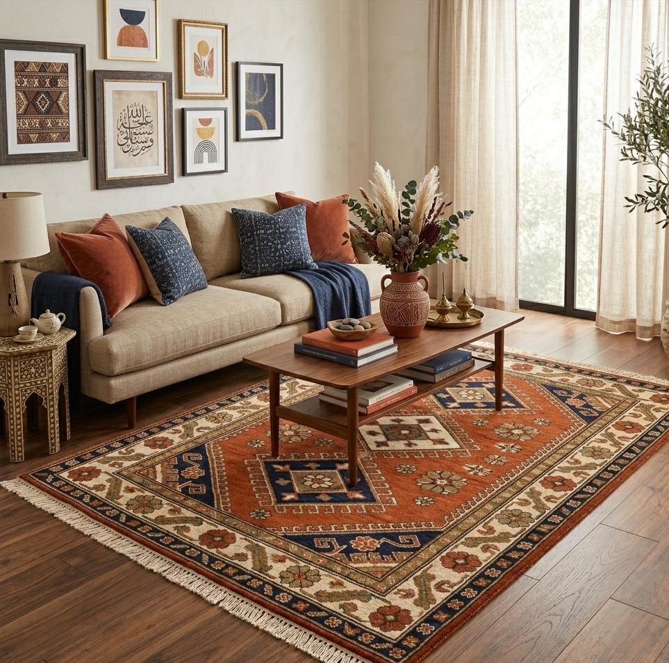 Hand Knotted Rug | Vintage Oriental Style | Wool Living Room Carpet 8x10 Custom