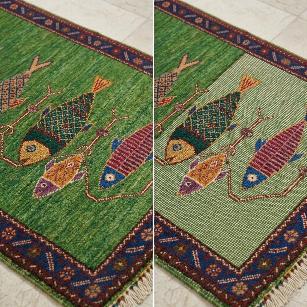 Koi Fish Runner Rug: Green Colorful Carpet Handmade Wool Area Rug