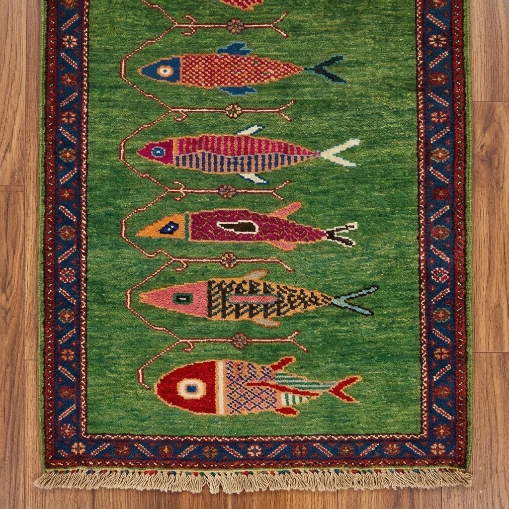 Koi Fish Runner Rug: Green Colorful Carpet Handmade Wool Area Rug