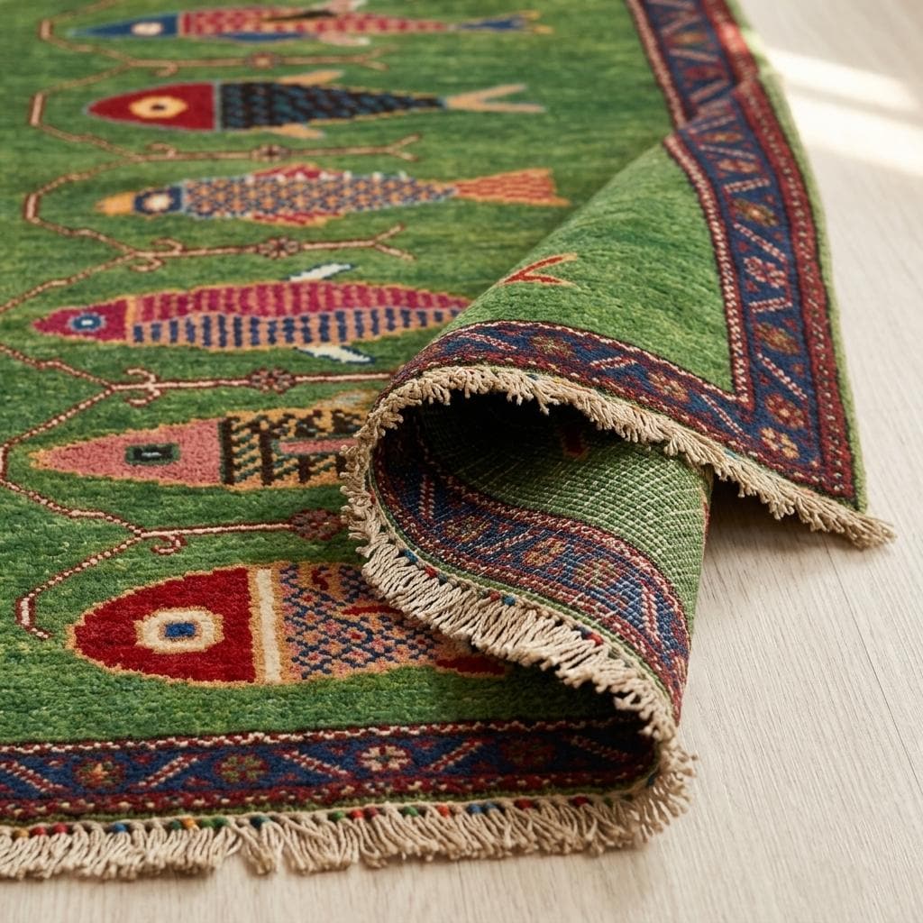 Koi Fish Runner Rug: Green Colorful Carpet Handmade Wool Area Rug