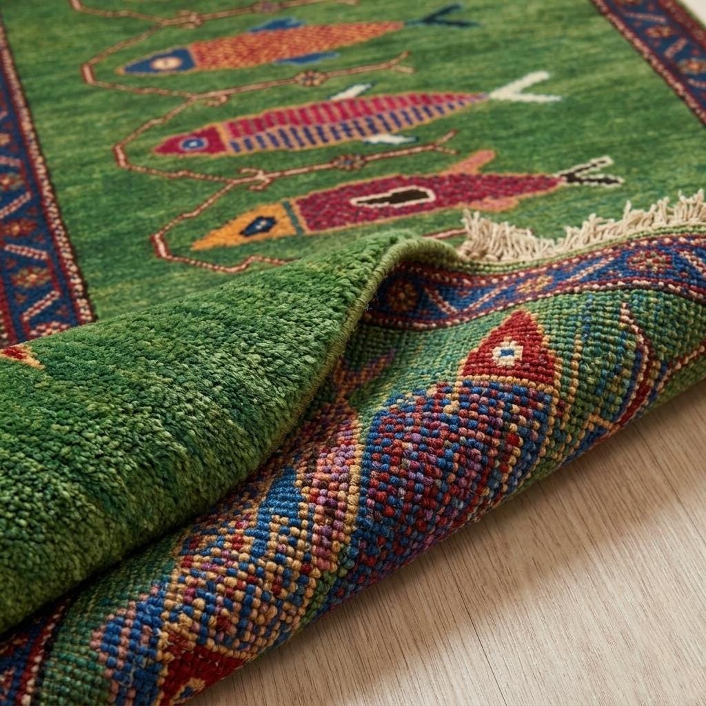 Koi Fish Runner Rug: Green Colorful Carpet Handmade Wool Area Rug