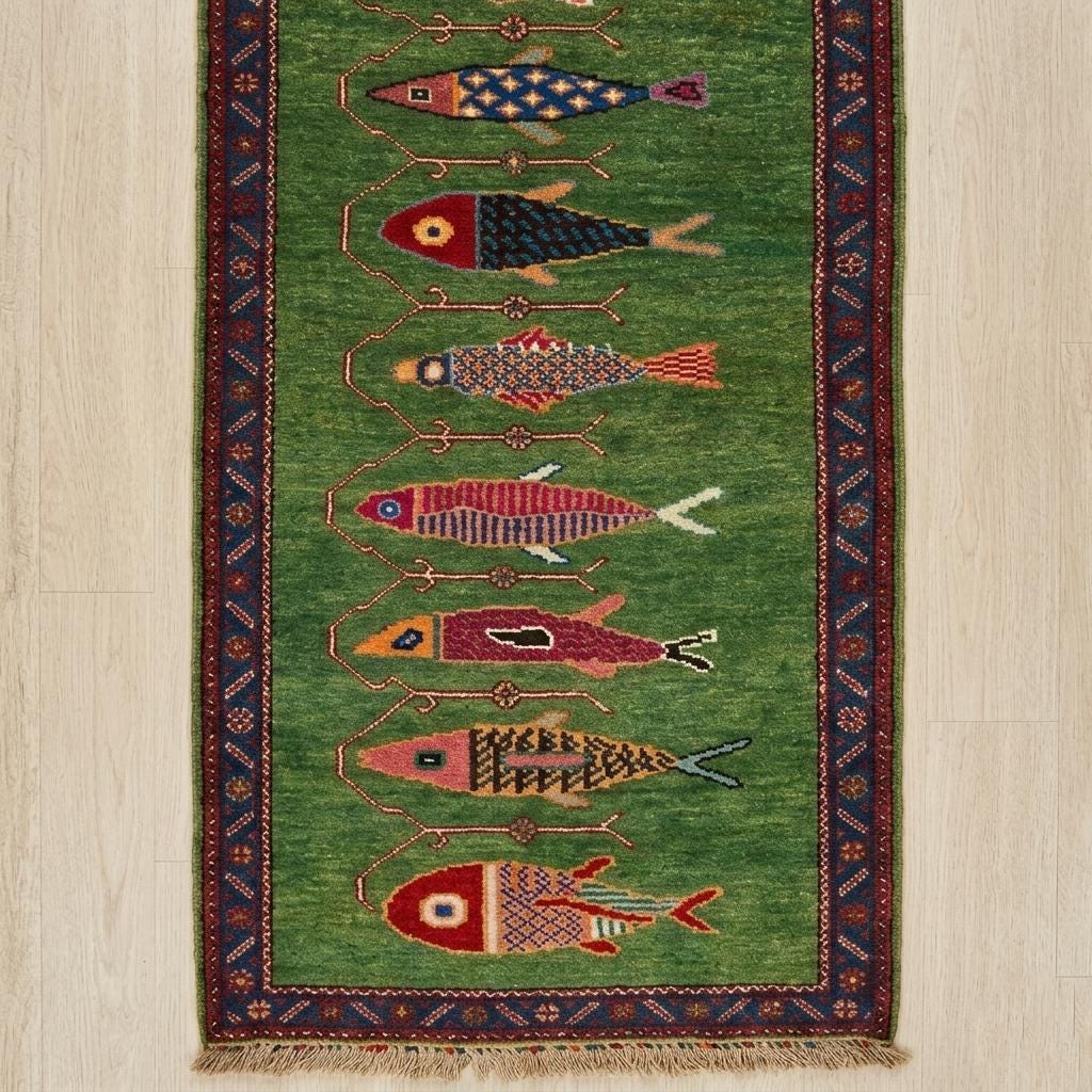 Koi Fish Runner Rug: Green Colorful Carpet Handmade Wool Area Rug
