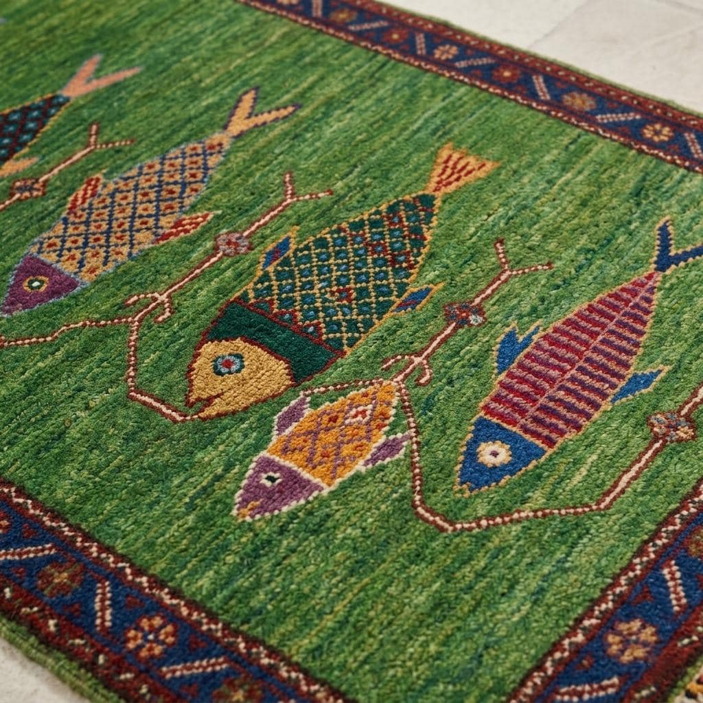 Koi Fish Runner Rug: Green Colorful Carpet Handmade Wool Area Rug