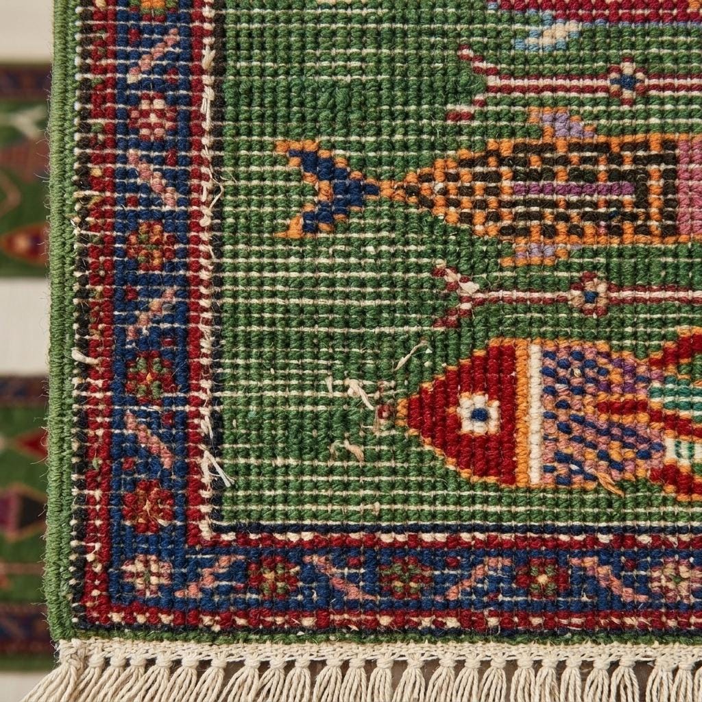 Koi Fish Runner Rug: Green Colorful Carpet Handmade Wool Area Rug