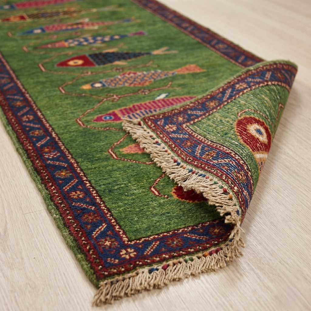 Koi Fish Runner Rug: Green Colorful Carpet Handmade Wool Area Rug