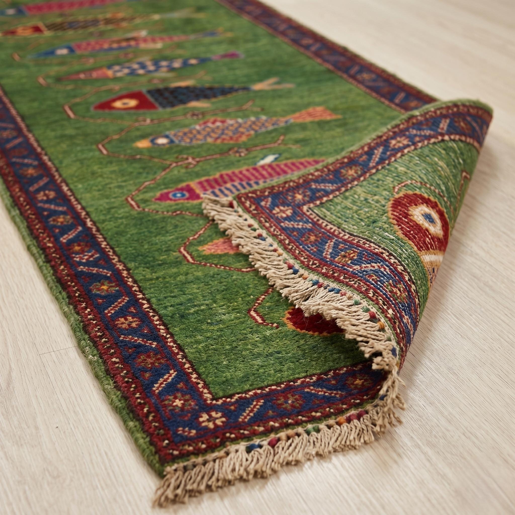 Koi Fish Runner Rug: Green Colorful Carpet Handmade Wool Area Rug