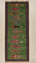 Koi Fish Runner Rug: Green Colorful Carpet Handmade Wool Area Rug
