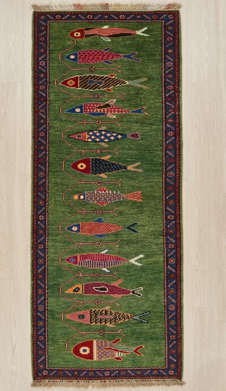 Koi Fish Runner Rug: Green Colorful Carpet Handmade Wool Area Rug