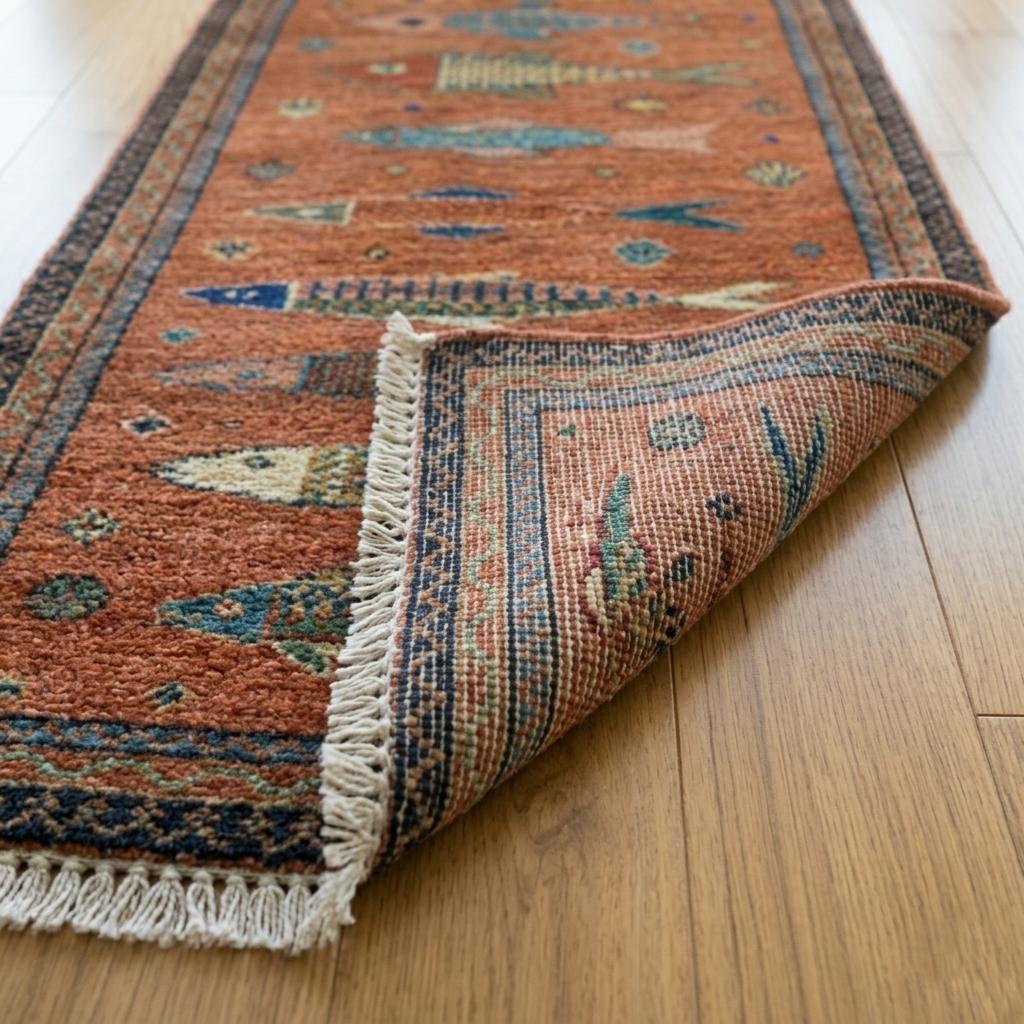 Hand Knotted Fish Runner Rug | Tribal Wool Hallway Carpet | Custom Size Handmade Decor