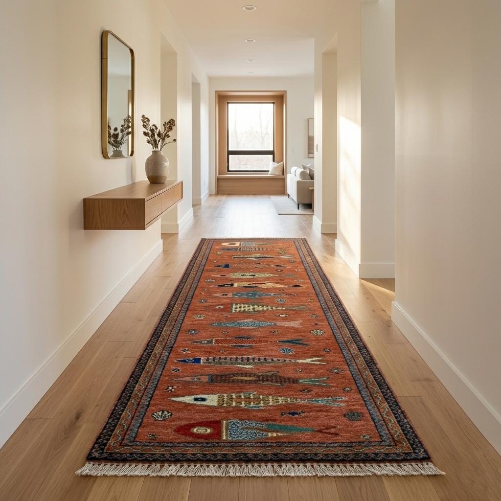 Hand Knotted Fish Runner Rug | Tribal Wool Hallway Carpet | Custom Size Handmade Decor
