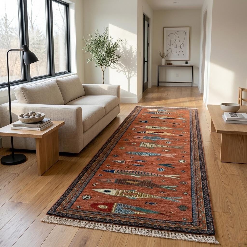 Hand Knotted Fish Runner Rug | Tribal Wool Hallway Carpet | Custom Size Handmade Decor