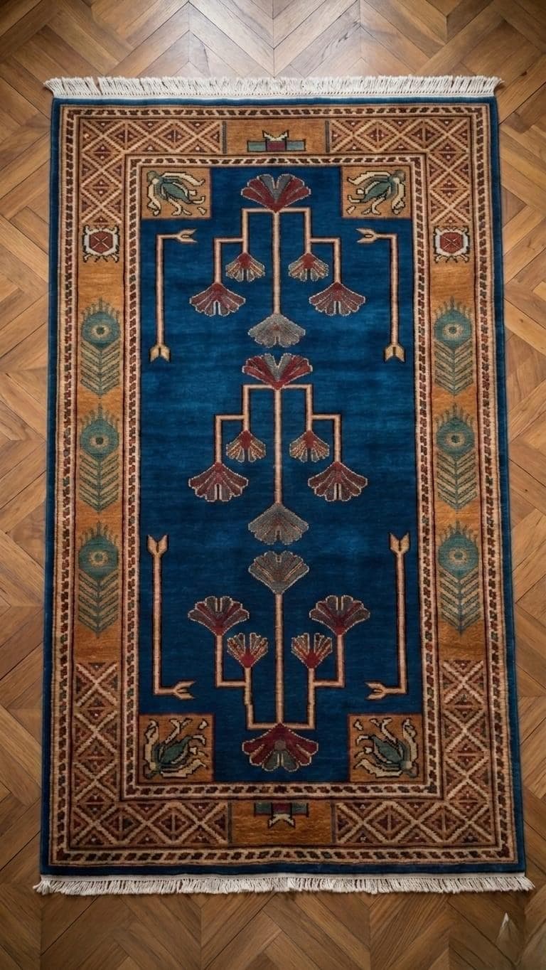 Hand-Knotted Wool Runner Rug, Arts and Crafts Mission Style Ginkgo Leaf Carpet