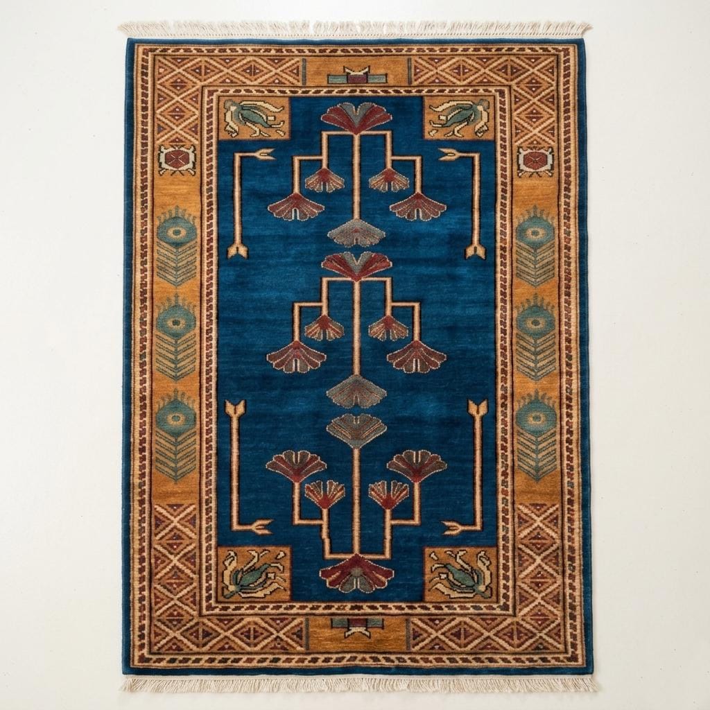 Hand-Knotted Wool Runner Rug, Arts and Crafts Mission Style Ginkgo Leaf Carpet