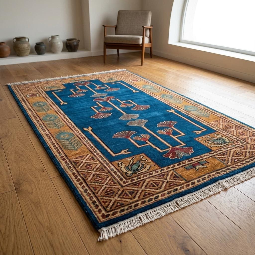 Hand-Knotted Wool Runner Rug, Arts and Crafts Mission Style Ginkgo Leaf Carpet
