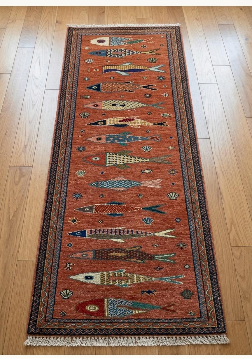 Hand Knotted Fish Runner Rug | Tribal Wool Hallway Carpet | Custom Size Handmade Decor