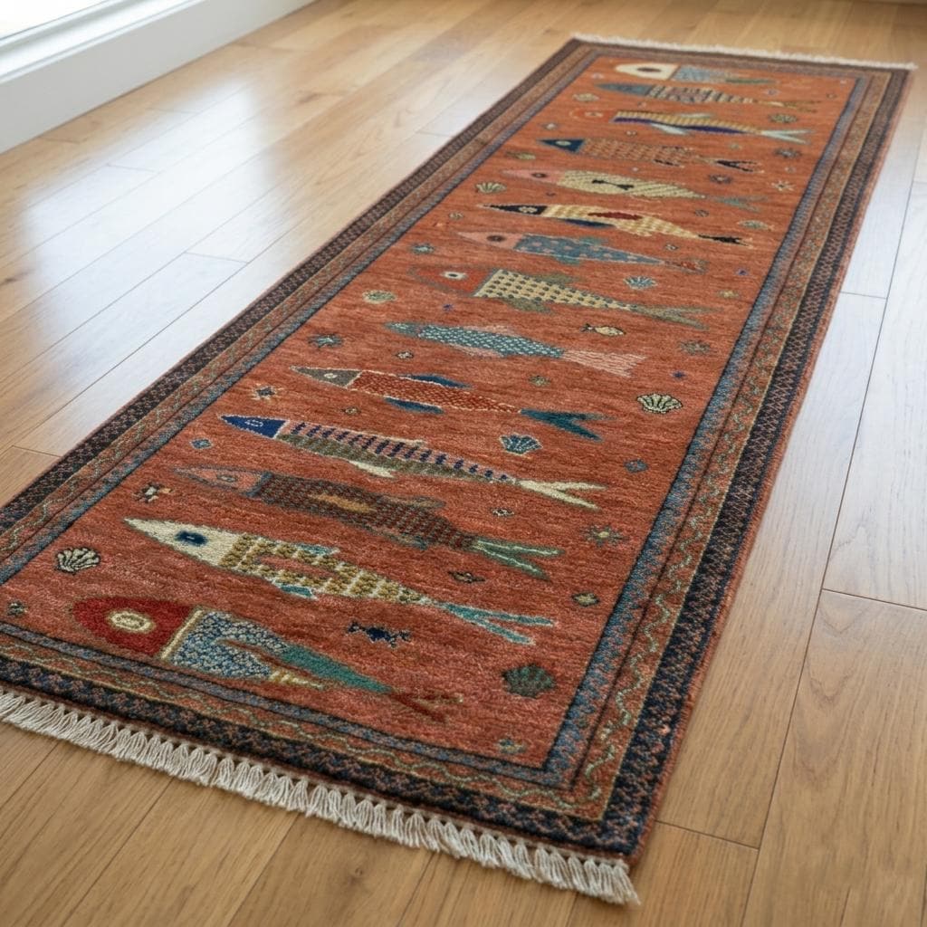 Hand Knotted Fish Runner Rug | Tribal Wool Hallway Carpet | Custom Size Handmade Decor