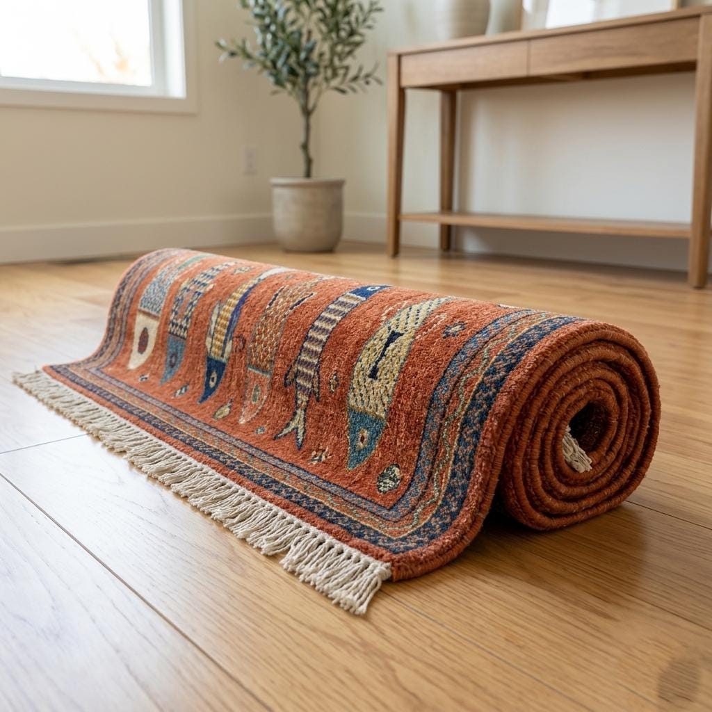 Hand Knotted Fish Runner Rug | Tribal Wool Hallway Carpet | Custom Size Handmade Decor