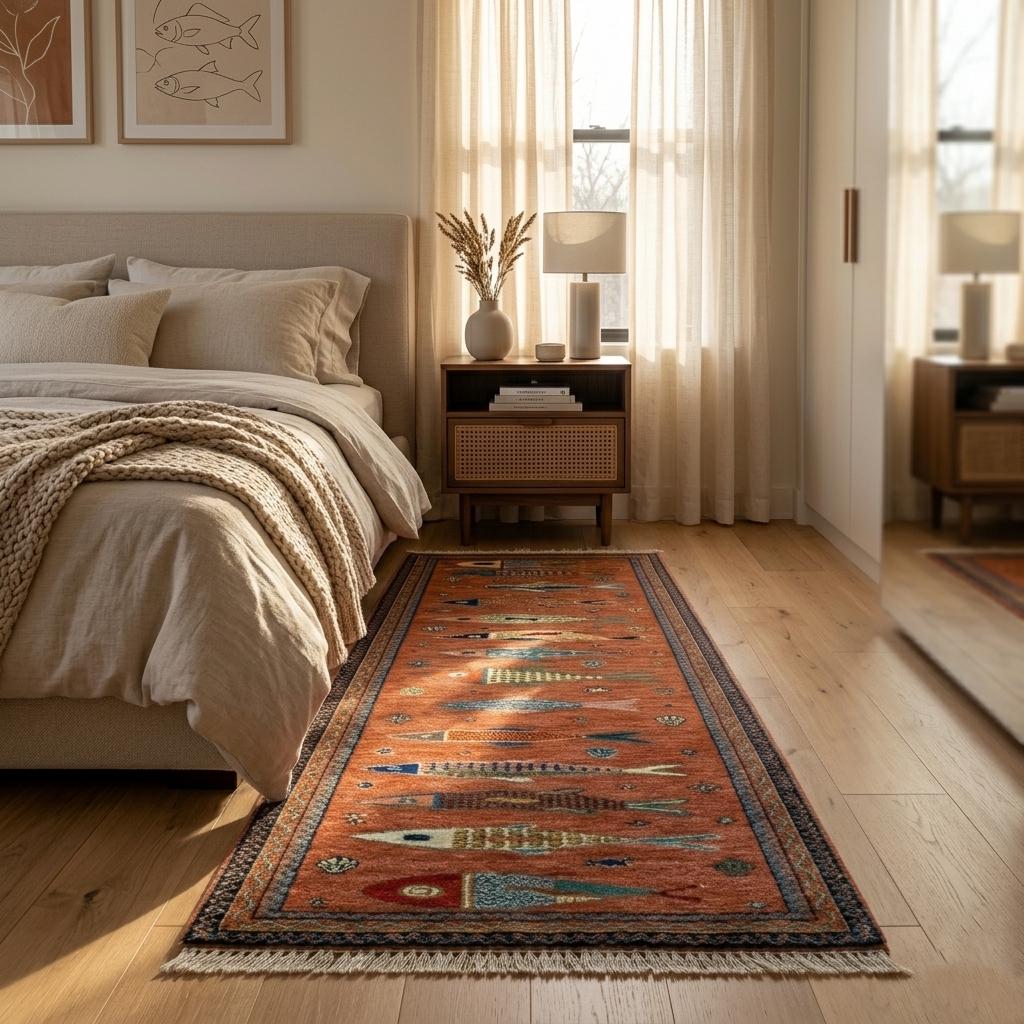 Hand Knotted Fish Runner Rug | Tribal Wool Hallway Carpet | Custom Size Handmade Decor