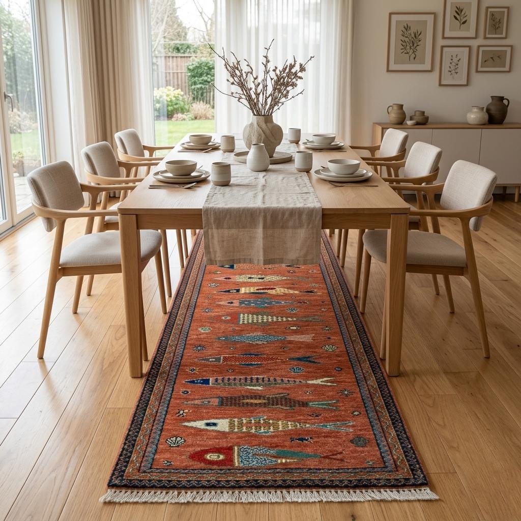 Hand Knotted Fish Runner Rug | Tribal Wool Hallway Carpet | Custom Size Handmade Decor