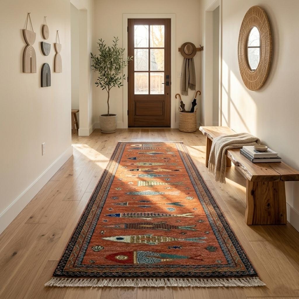 Hand Knotted Fish Runner Rug | Tribal Wool Hallway Carpet | Custom Size Handmade Decor