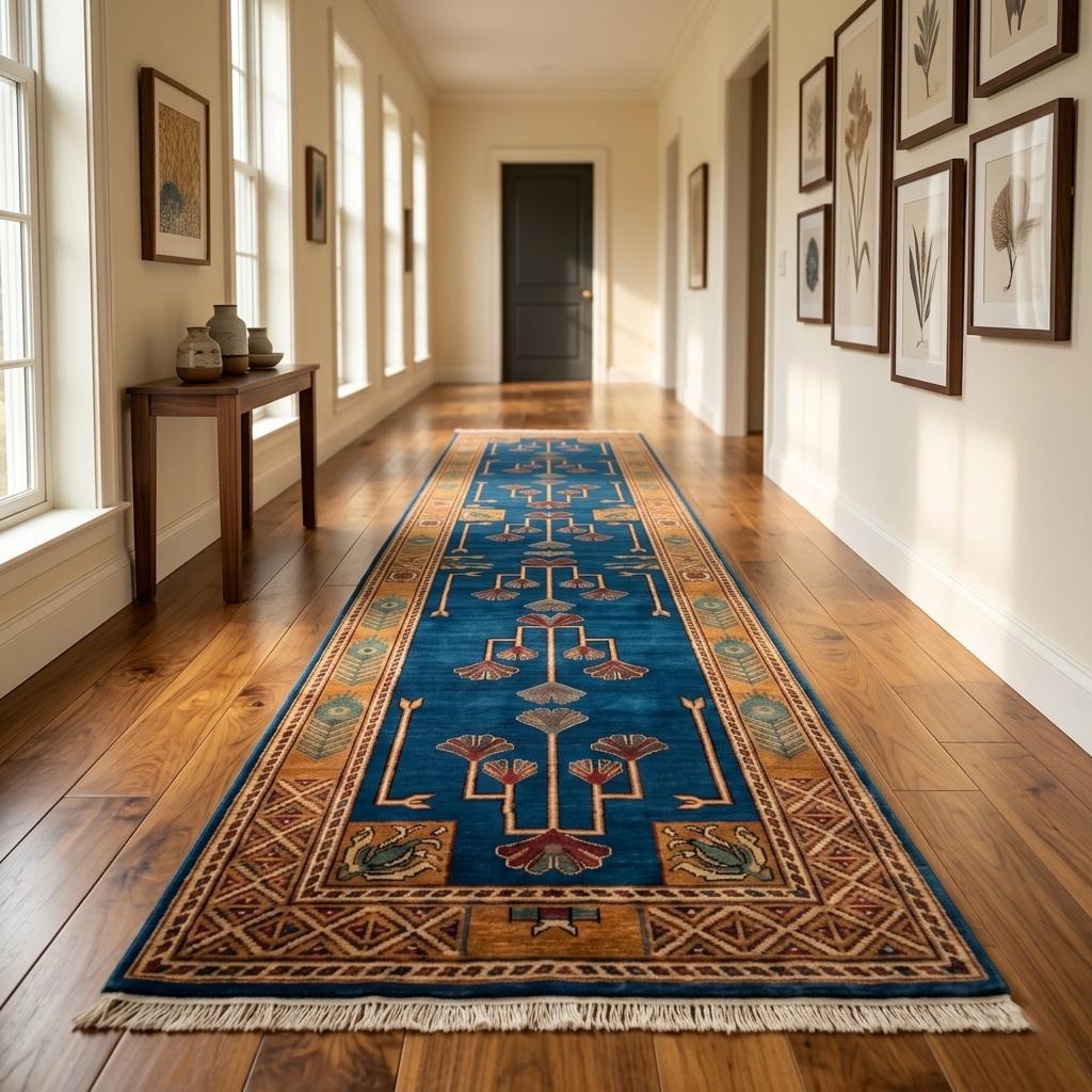 Hand-Knotted Wool Runner Rug, Arts and Crafts Mission Style Ginkgo Leaf Carpet