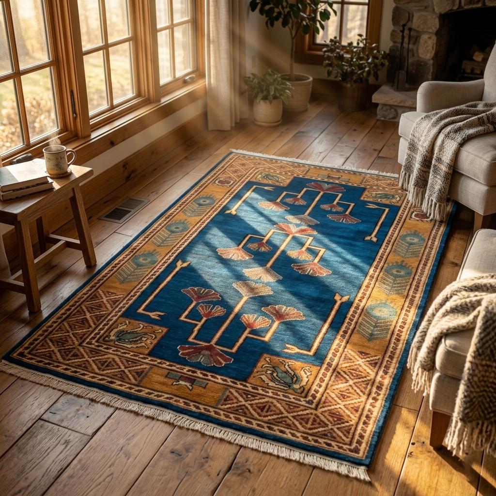 Hand-Knotted Wool Runner Rug, Arts and Crafts Mission Style Ginkgo Leaf Carpet