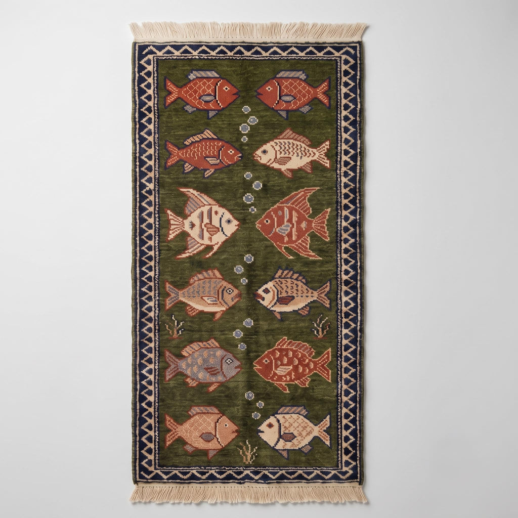 Hand Knotted Fish Rug | Coastal Wool Living Room Runner Custom Size Handmade Area Carpet Decor