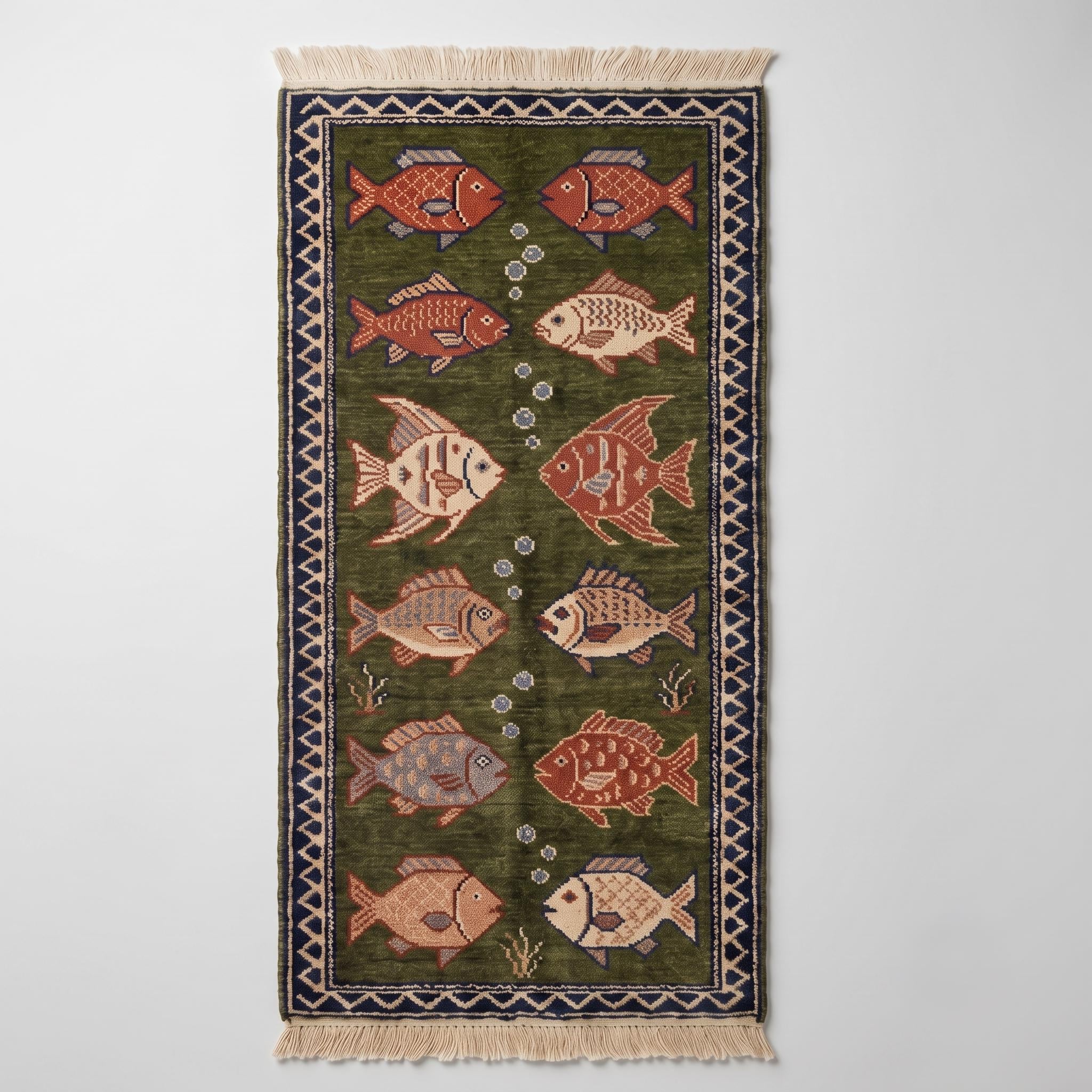 Hand Knotted Fish Rug | Coastal Wool Living Room Runner Custom Size Handmade Area Carpet Decor