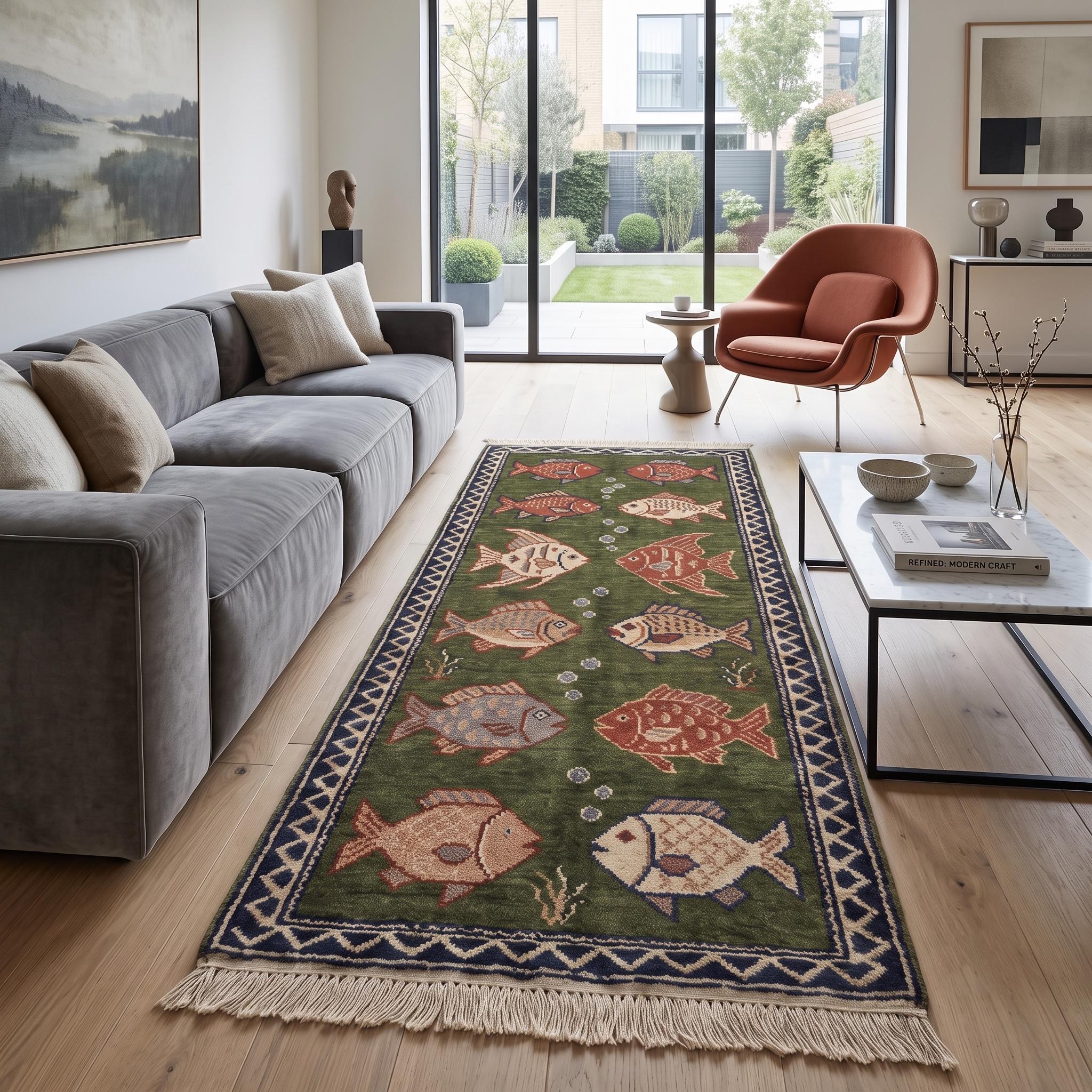 Hand Knotted Fish Rug | Coastal Wool Living Room Runner Custom Size Handmade Area Carpet Decor