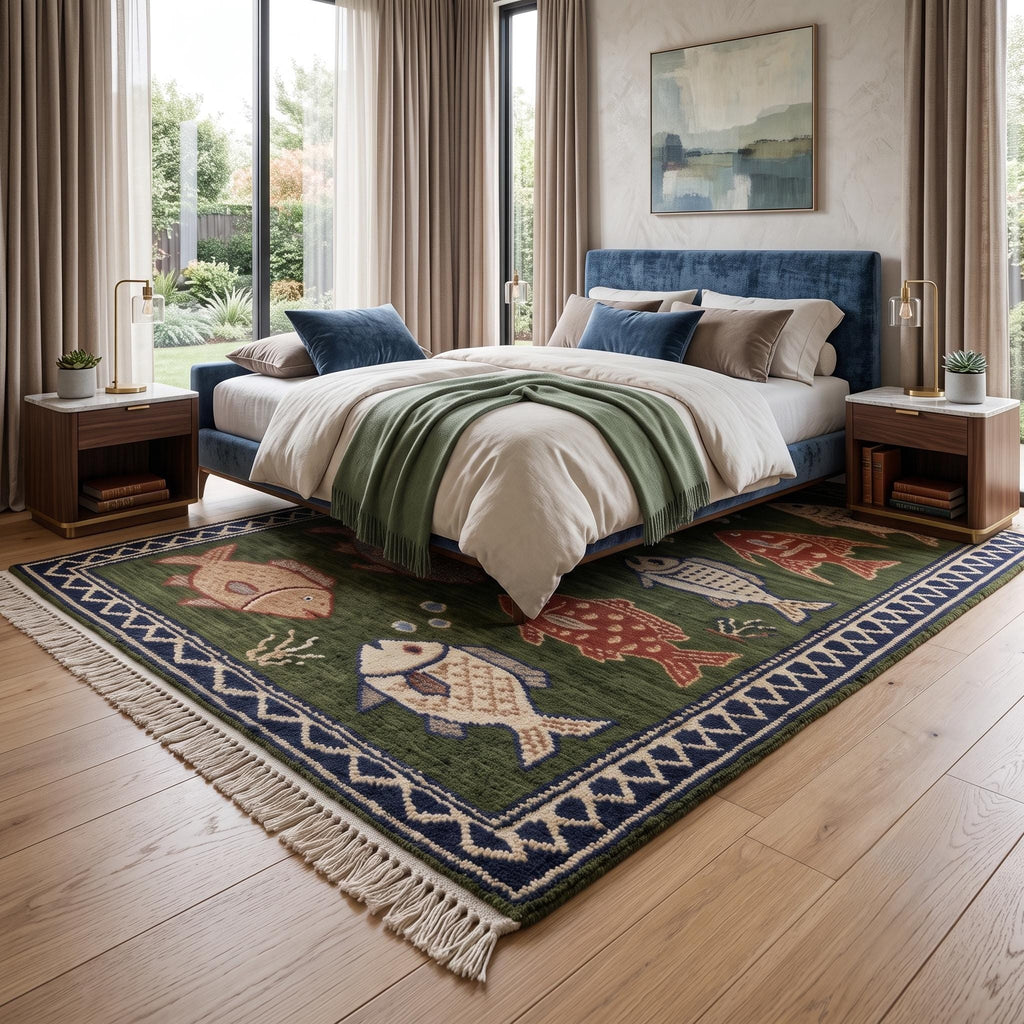 Hand Knotted Fish Rug | Coastal Wool Living Room Runner Custom Size Handmade Area Carpet Decor
