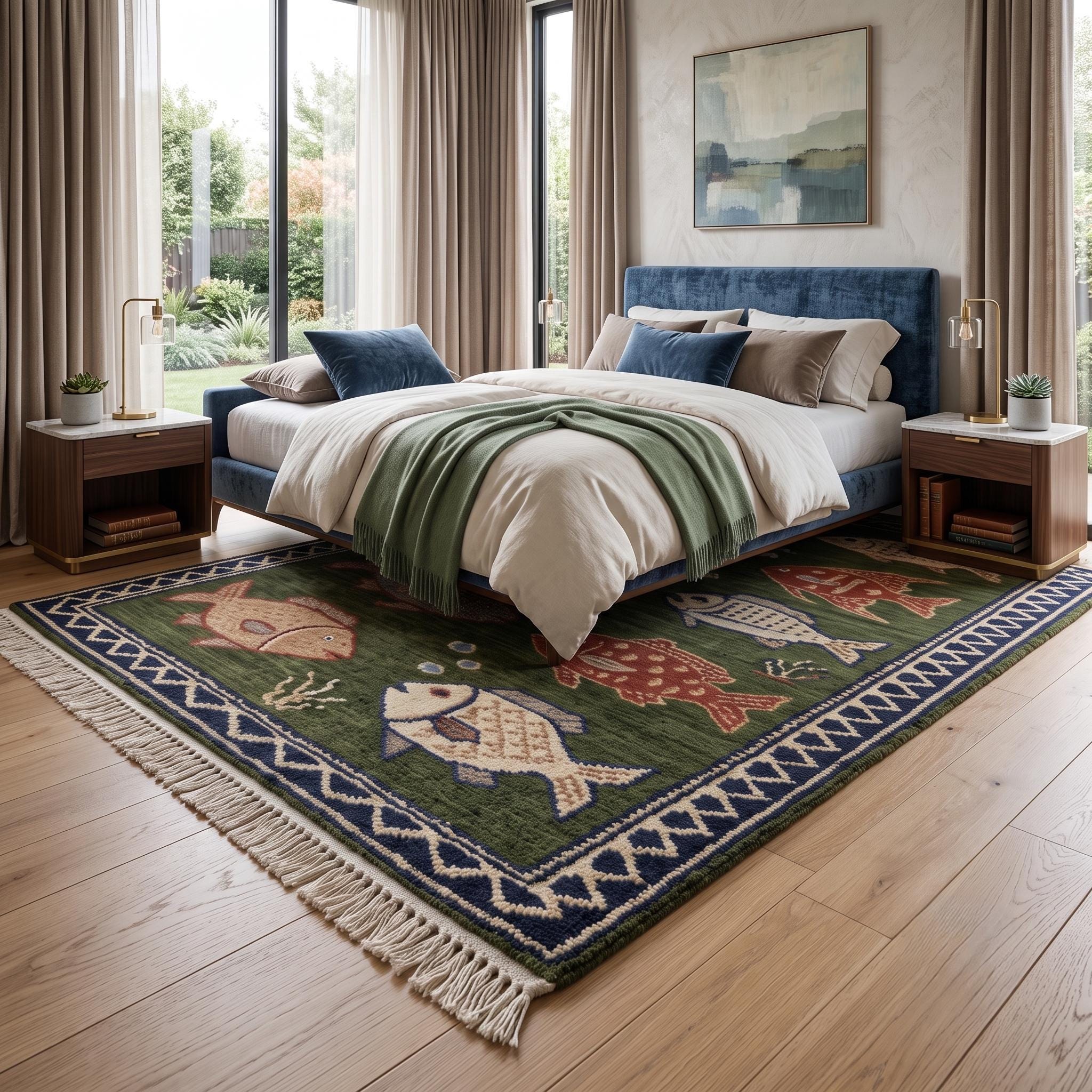 Hand Knotted Fish Rug | Coastal Wool Living Room Runner Custom Size Handmade Area Carpet Decor