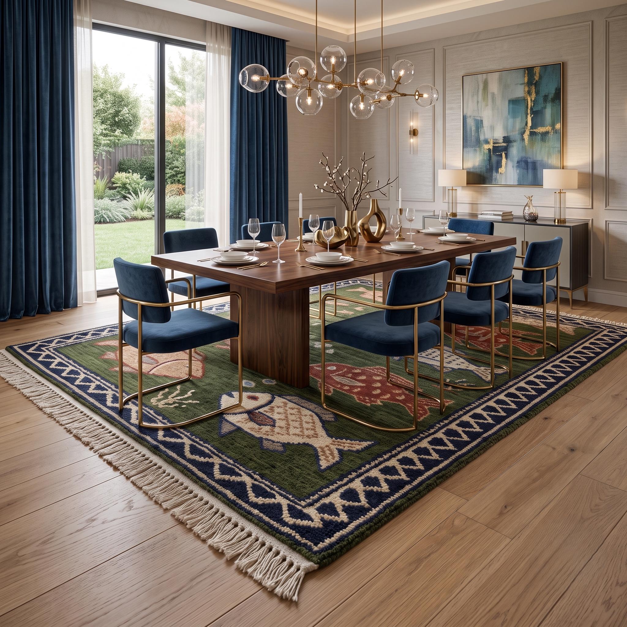 Hand Knotted Fish Rug | Coastal Wool Living Room Runner Custom Size Handmade Area Carpet Decor