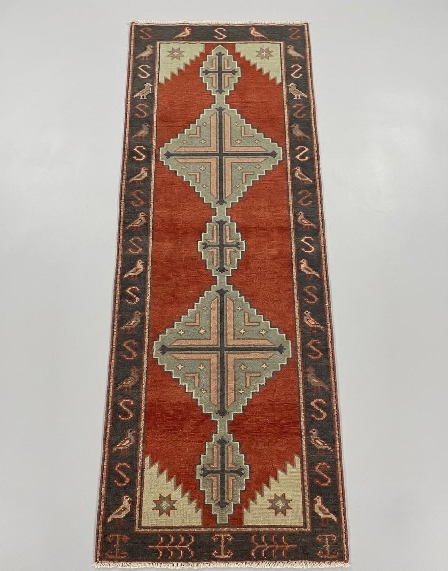 Hand Knotted Runner Rug | Tribal Wool Hallway Entryway Runner Custom Size Southwestern Area Rug