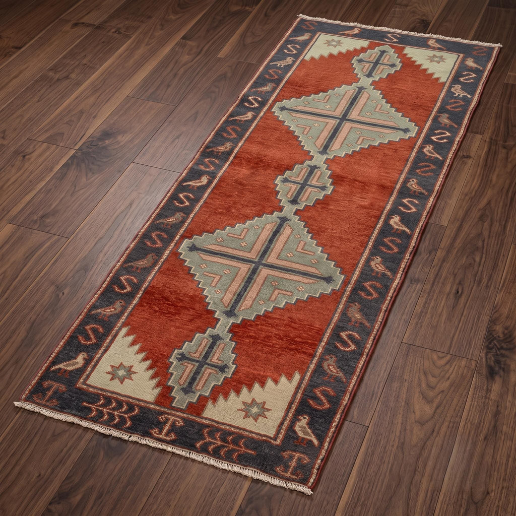 Hand Knotted Runner Rug | Tribal Wool Hallway Entryway Runner Custom Size Southwestern Area Rug
