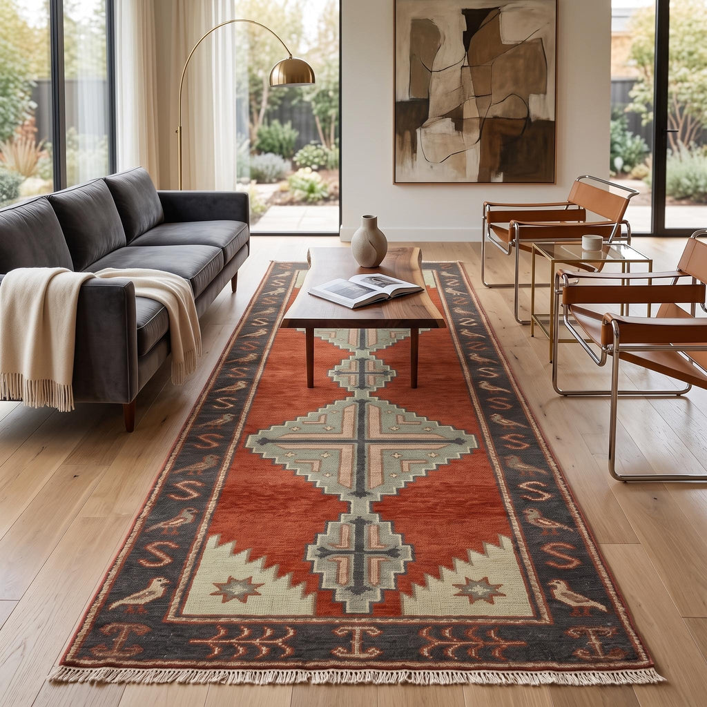 Hand Knotted Runner Rug | Tribal Wool Hallway Entryway Runner Custom Size Southwestern Area Rug