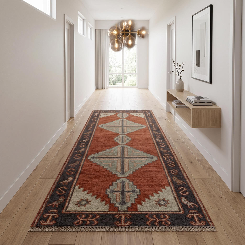Hand Knotted Runner Rug | Tribal Wool Hallway Entryway Runner Custom Size Southwestern Area Rug