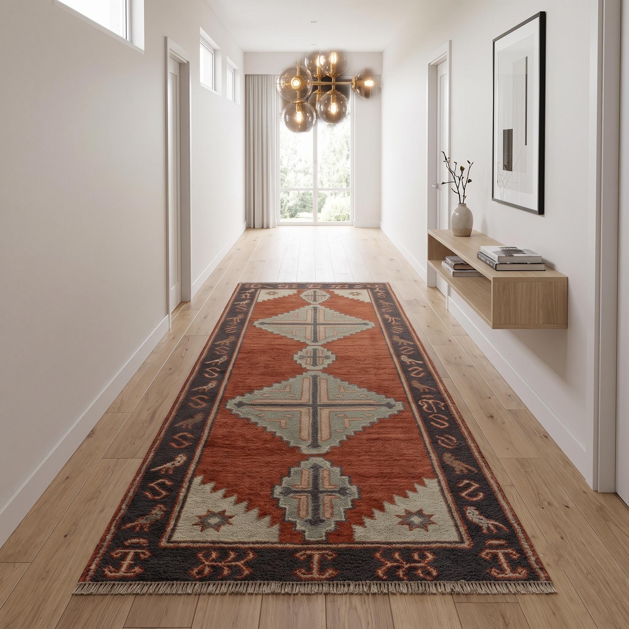 Hand Knotted Runner Rug | Tribal Wool Hallway Entryway Runner Custom Size Southwestern Area Rug