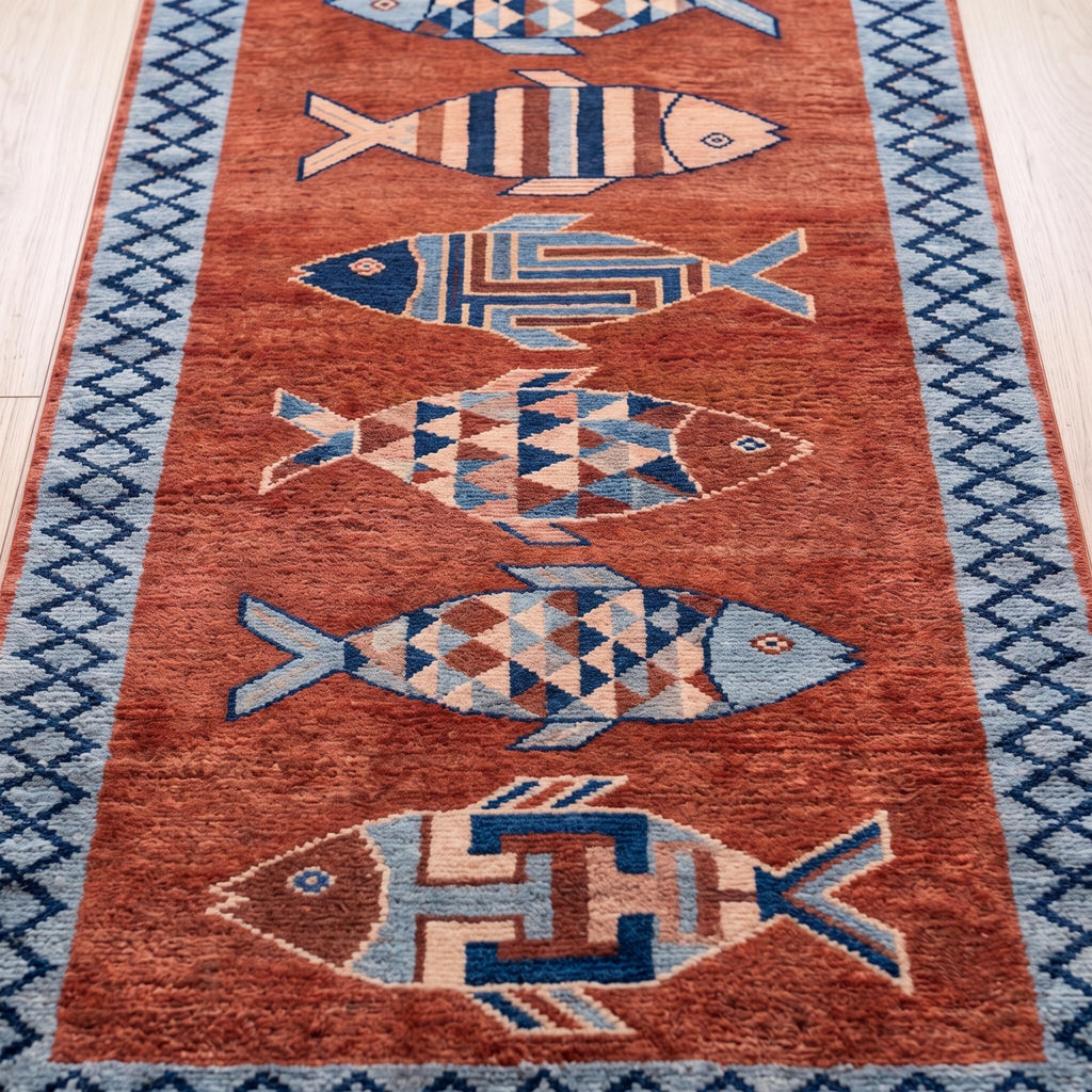 Hand Knotted Fish Runner Rug | Coastal | Wool | Hallway | 3x10 | Custom Size Available