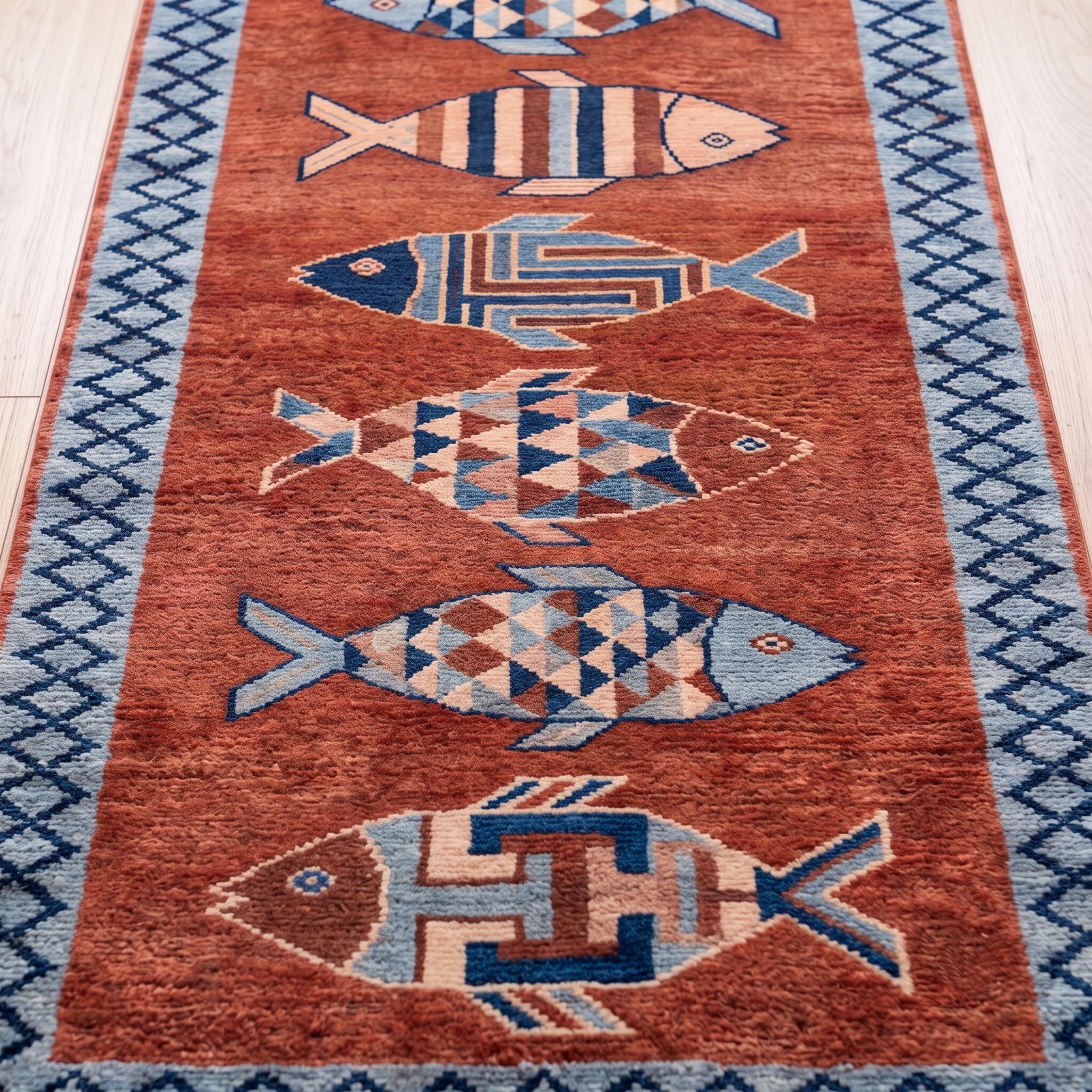 Hand Knotted Fish Runner Rug | Coastal | Wool | Hallway | 3x10 | Custom Size Available