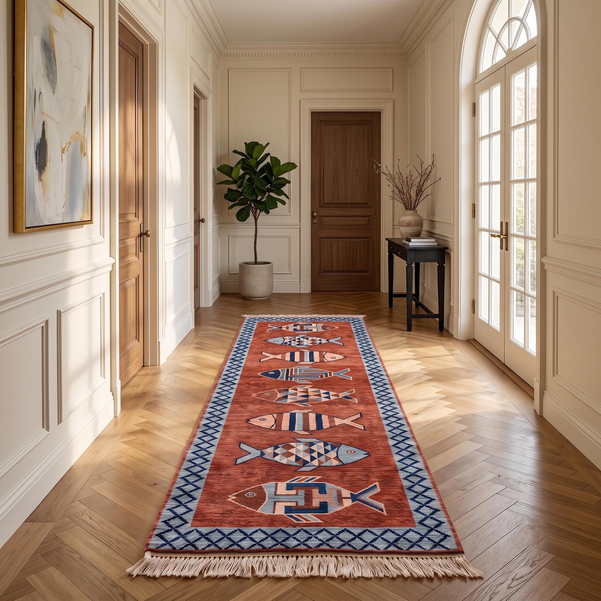 Hand Knotted Fish Runner Rug | Coastal | Wool | Hallway | 3x10 | Custom Size Available