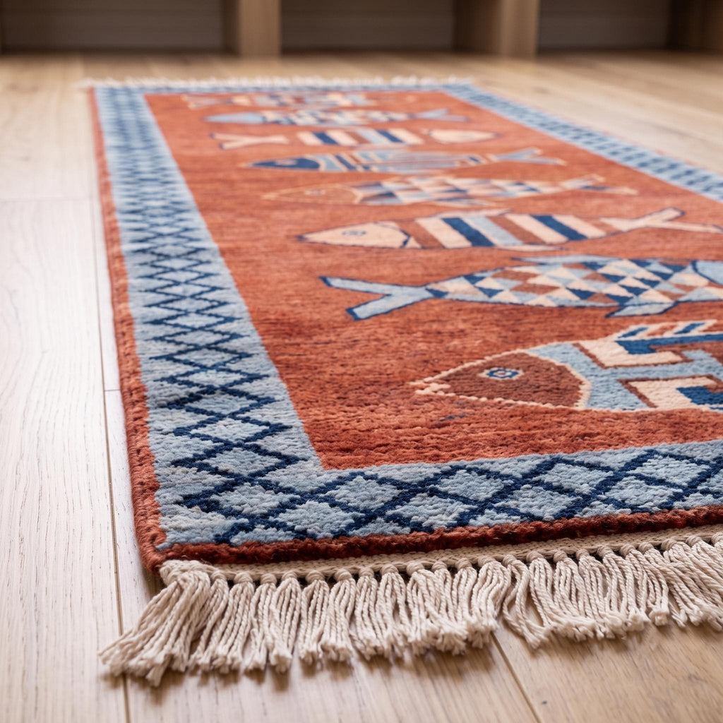 Hand Knotted Fish Runner Rug | Coastal | Wool | Hallway | 3x10 | Custom Size Available