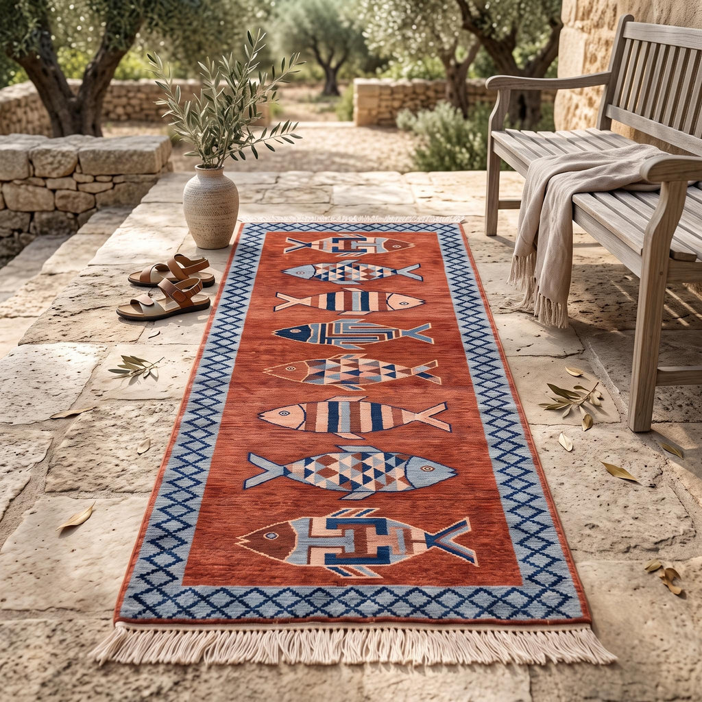 Hand Knotted Fish Runner Rug | Coastal | Wool | Hallway | 3x10 | Custom Size Available