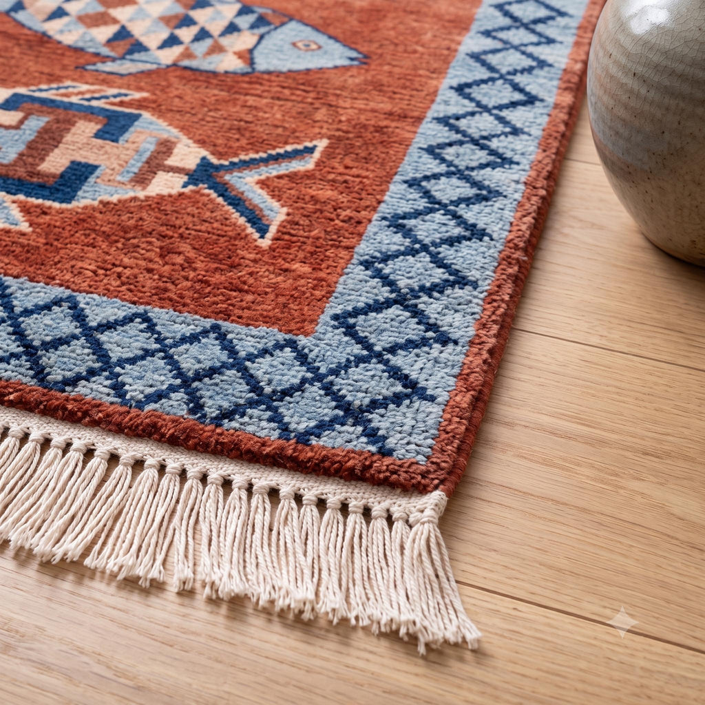 Hand Knotted Fish Runner Rug | Coastal | Wool | Hallway | 3x10 | Custom Size Available