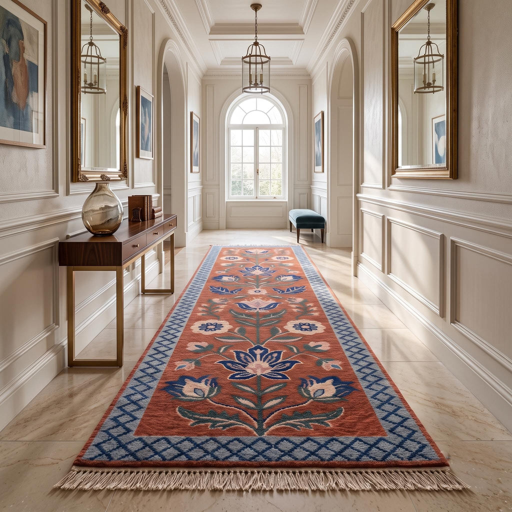 Floral Runner Rug | Traditional | Hand Knotted Wool | Hallway | Custom Size | Entryway Decor