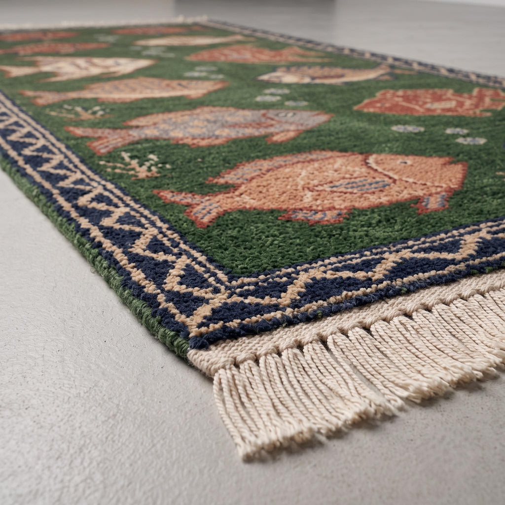 Hand Knotted Fish Rug | Coastal Wool Living Room Runner Custom Size Handmade Area Carpet Decor