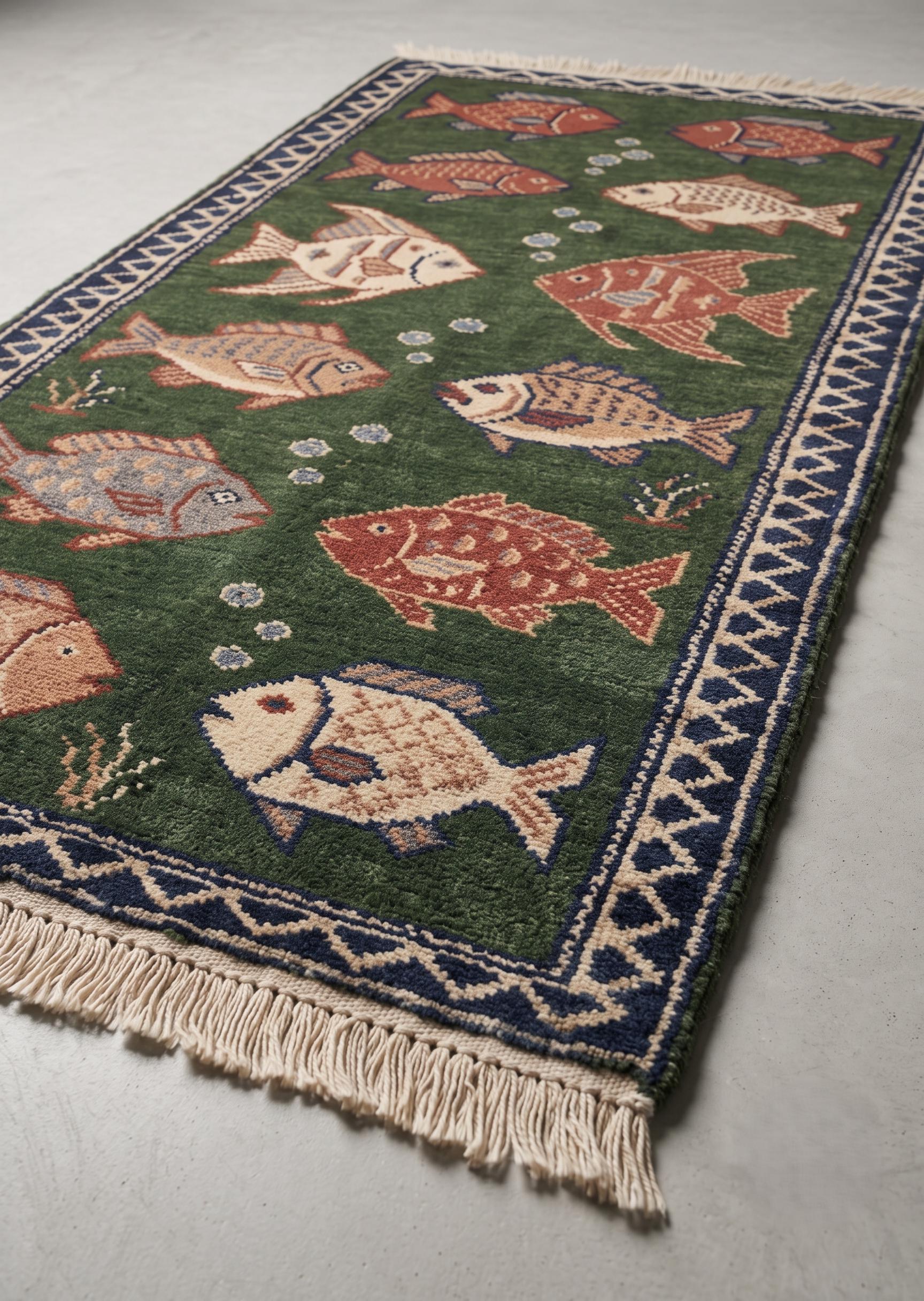 Hand Knotted Fish Rug | Coastal Wool Living Room Runner Custom Size Handmade Area Carpet Decor