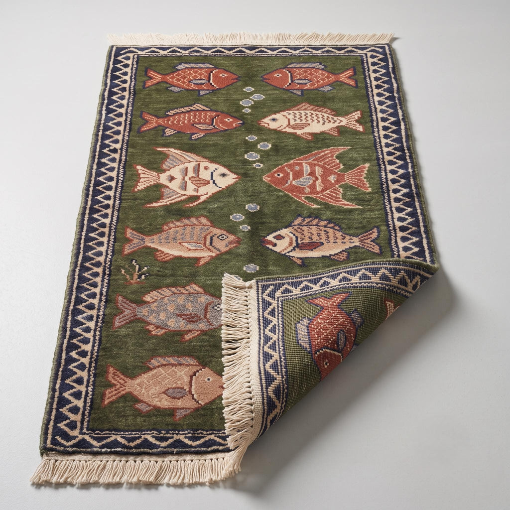 Hand Knotted Fish Rug | Coastal Wool Living Room Runner Custom Size Handmade Area Carpet Decor