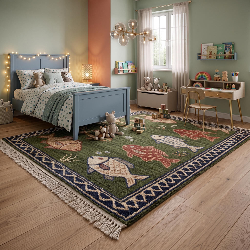 Hand Knotted Fish Rug | Coastal Wool Living Room Runner Custom Size Handmade Area Carpet Decor